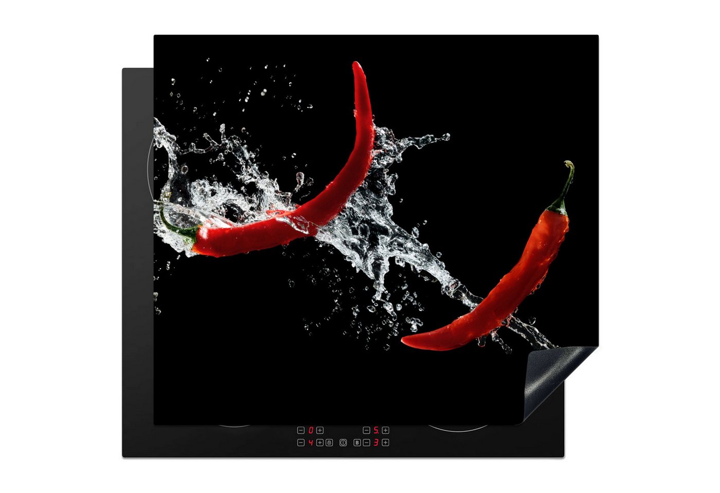MuchoWow Herd-Abdeckplatte Chilischote - Stilleben - Wasser - Schwarz - Rot, Vinyl, (1 tlg), Cerankochfeld Abdeckung, Herd Abdeckplatten Vinyl, 58.3x51.3 cm Bild 5