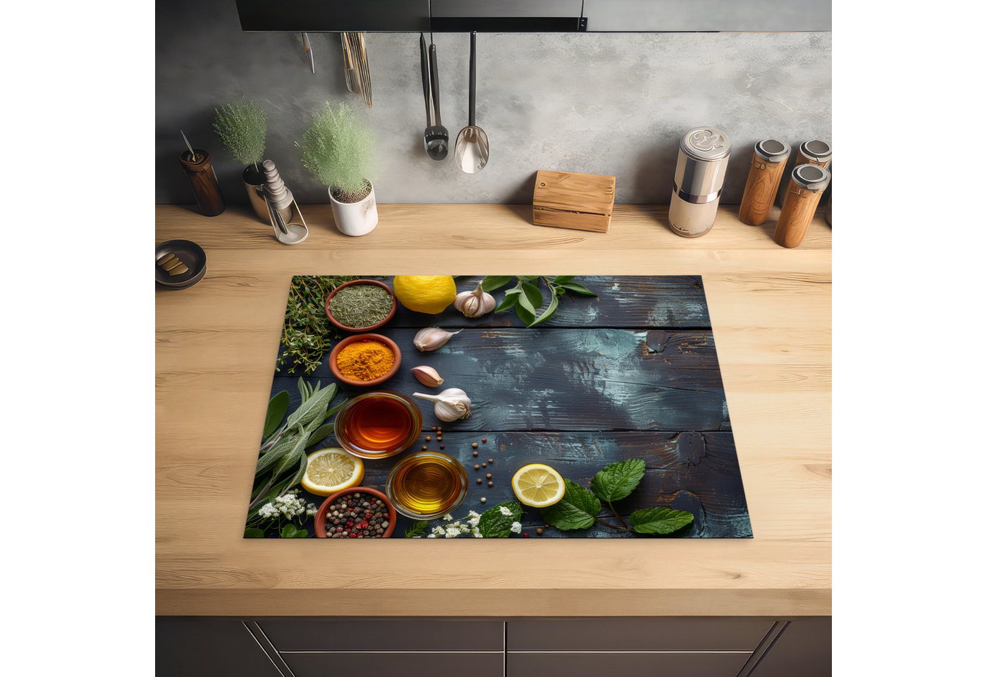MuchoWow Herd-Abdeckplatte Vintage - Kräuter - Gewürze - Holzdruck - Stilleben, Vinyl, (1 tlg), Küche Herdabdeckung Ceranfeld Induktionsfeld Vinyl, 65x50 cm Bild 2