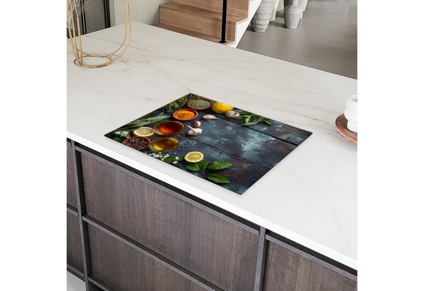 MuchoWow Herd-Abdeckplatte Vintage - Kräuter - Gewürze - Holzdruck - Stilleben, Vinyl, (1 tlg), Küche Herdabdeckung Ceranfeld Induktionsfeld Vinyl, 65x50 cm Bild 4