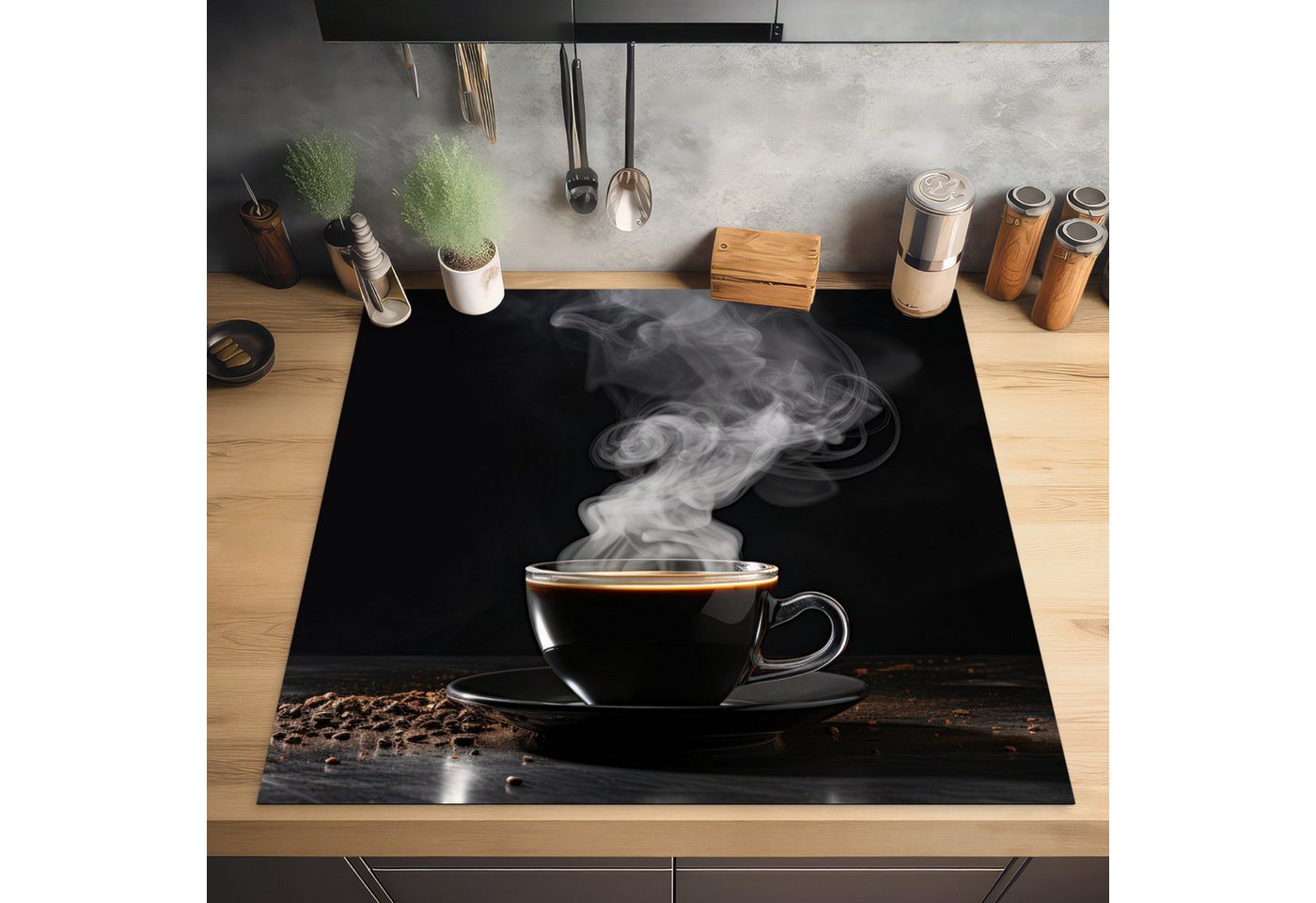 MuchoWow Herd-Abdeckplatte Schwarz - Kaffee, Vinyl, (1 tlg), Cerankochfeld Abdeckung, Herd Abdeckplatten Vinyl, 58x59 cm Bild 2