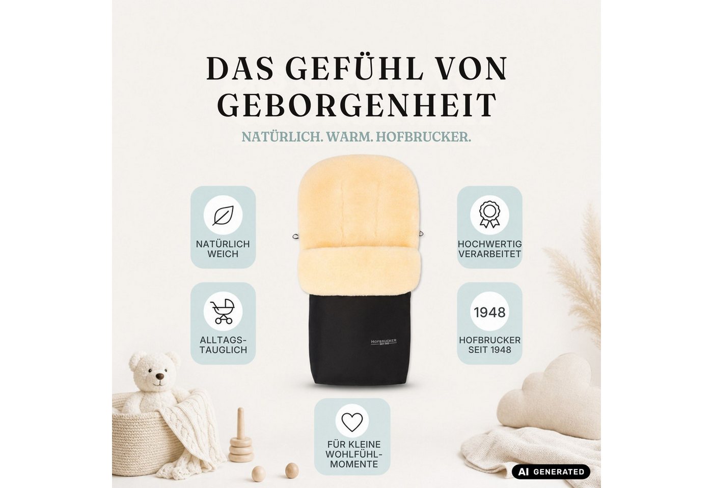 Hofbrucker seit 1948 Fußsack Hofbrucker Winter Lammfell Fußsack Putzi – Set mit Handwärmer Bild 2