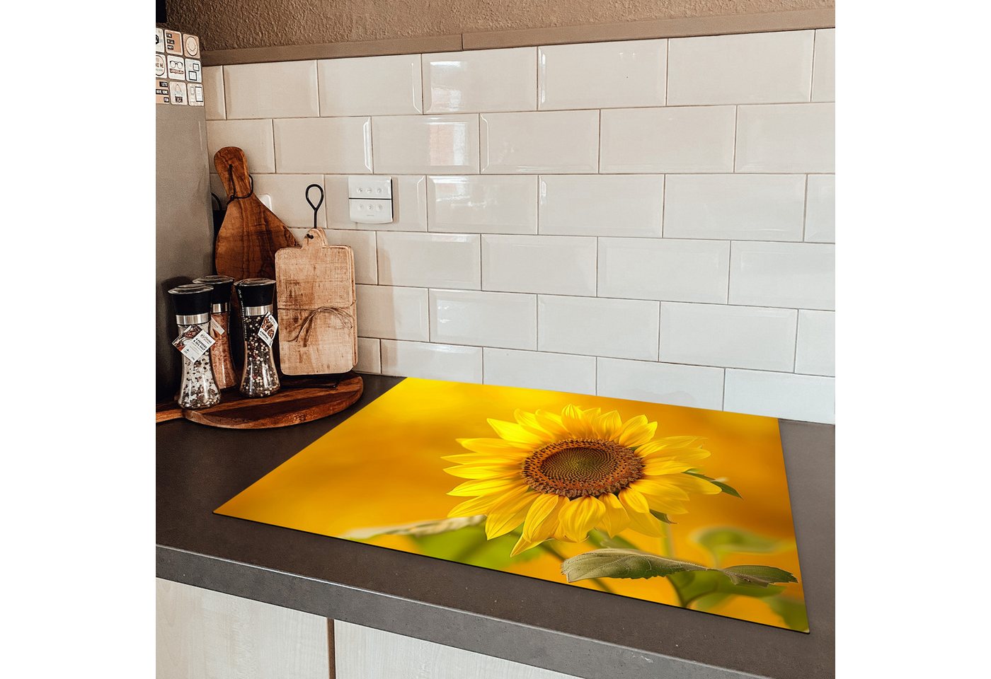 MuchoWow Herd-Abdeckplatte Sonnenblume - Blume - Gelb, Vinyl, (1 tlg), Küche Herdabdeckung Ceranfeld Induktionsfeld Vinyl, 65x50 cm