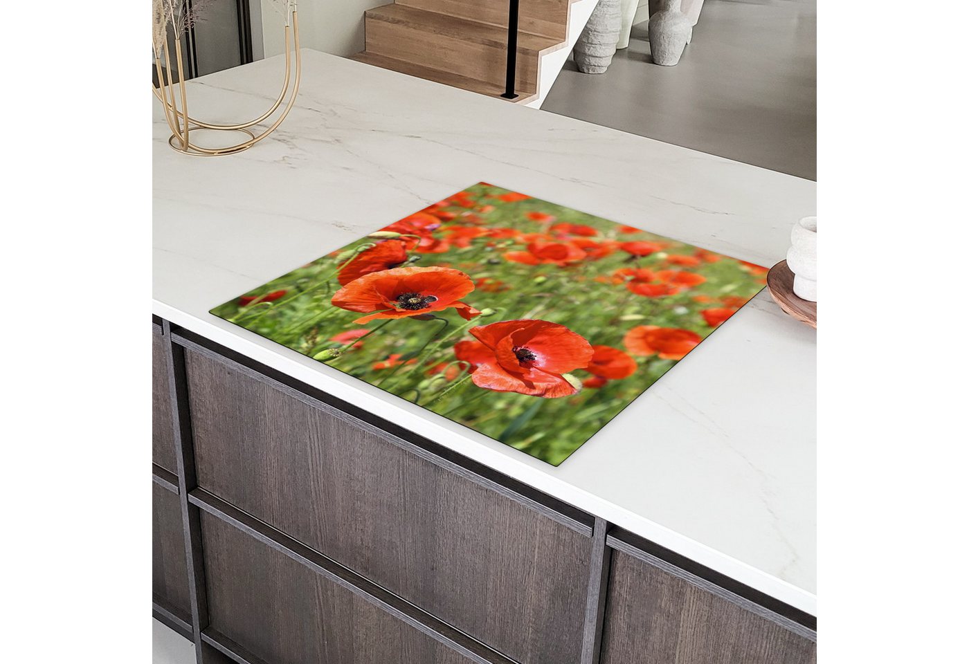 MuchoWow Herd-Abdeckplatte Blumen - Mohnblumen - Rot - Grün, Vinyl, (1 tlg), Küche Herdabdeckung Ceranfeld Induktionsfeld Vinyl, 60x60 cm