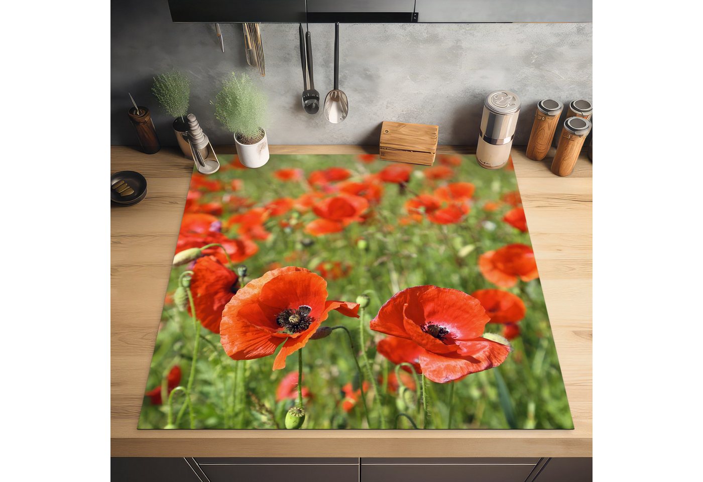 MuchoWow Herd-Abdeckplatte Blumen - Mohnblumen - Rot - Grün, Vinyl, (1 tlg), Küche Herdabdeckung Ceranfeld Induktionsfeld Vinyl, 60x60 cm Bild 2