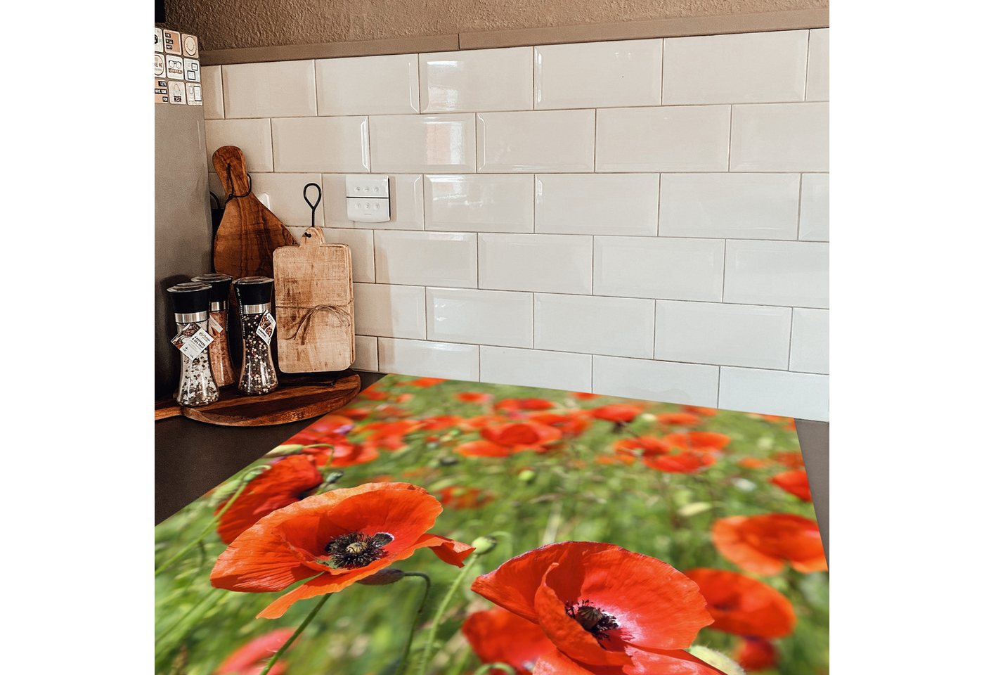 MuchoWow Herd-Abdeckplatte Blumen - Mohnblumen - Rot - Grün, Vinyl, (1 tlg), Küche Herdabdeckung Ceranfeld Induktionsfeld Vinyl, 60x60 cm Bild 3