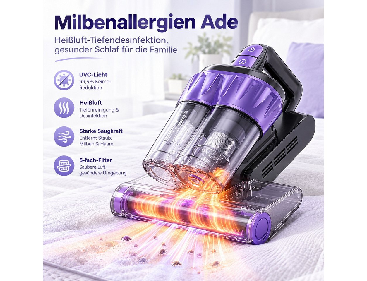 Fofile Matratzenreinigungsgerät Milbenstaubsauger mit UV-C-Licht, Milben-Handstaubsauger, 400 W, mit Beutel, V-Klopfwalze, Haarreduzierung, Ein-Knopf-Entleerung, LED-Anzeige