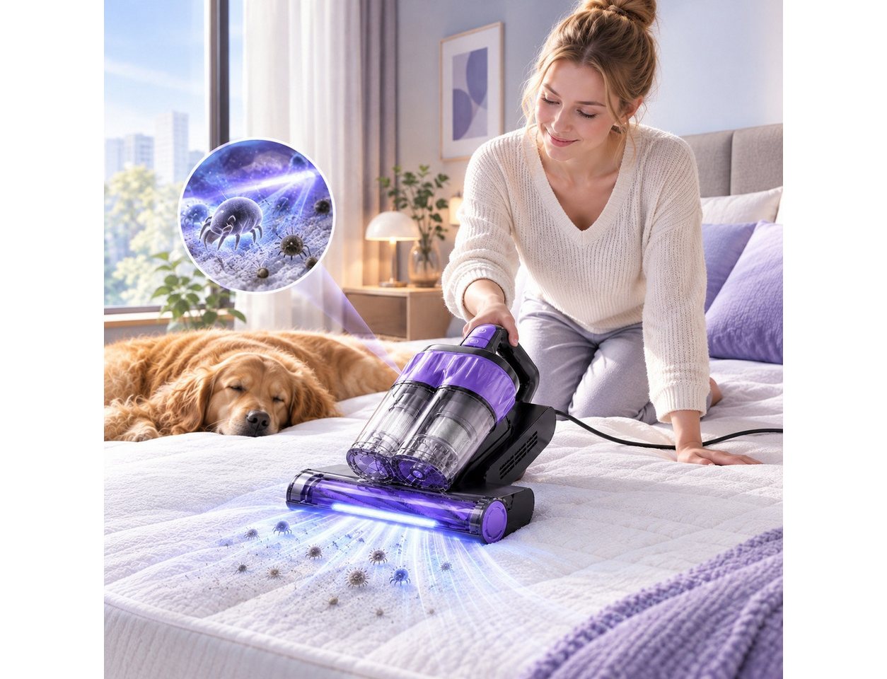 Fofile Matratzenreinigungsgerät Milbenstaubsauger mit UV-C-Licht, Milben-Handstaubsauger, 400 W, mit Beutel, V-Klopfwalze, Haarreduzierung, Ein-Knopf-Entleerung, LED-Anzeige Bild 2