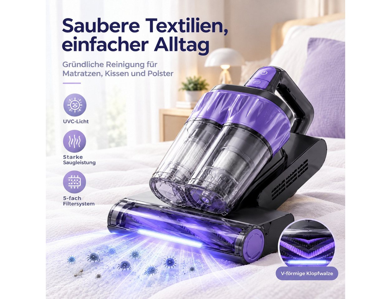 Fofile Matratzenreinigungsgerät Milbenstaubsauger mit UV-C-Licht, Milben-Handstaubsauger, 400 W, mit Beutel, V-Klopfwalze, Haarreduzierung, Ein-Knopf-Entleerung, LED-Anzeige Bild 3