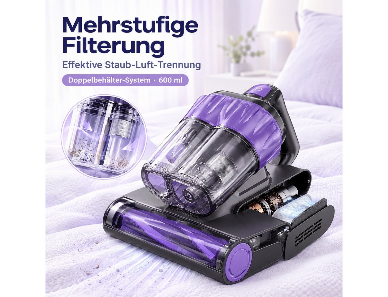 Fofile Matratzenreinigungsgerät Milbenstaubsauger mit UV-C-Licht, Milben-Handstaubsauger, 400 W, mit Beutel, V-Klopfwalze, Haarreduzierung, Ein-Knopf-Entleerung, LED-Anzeige Bild 4
