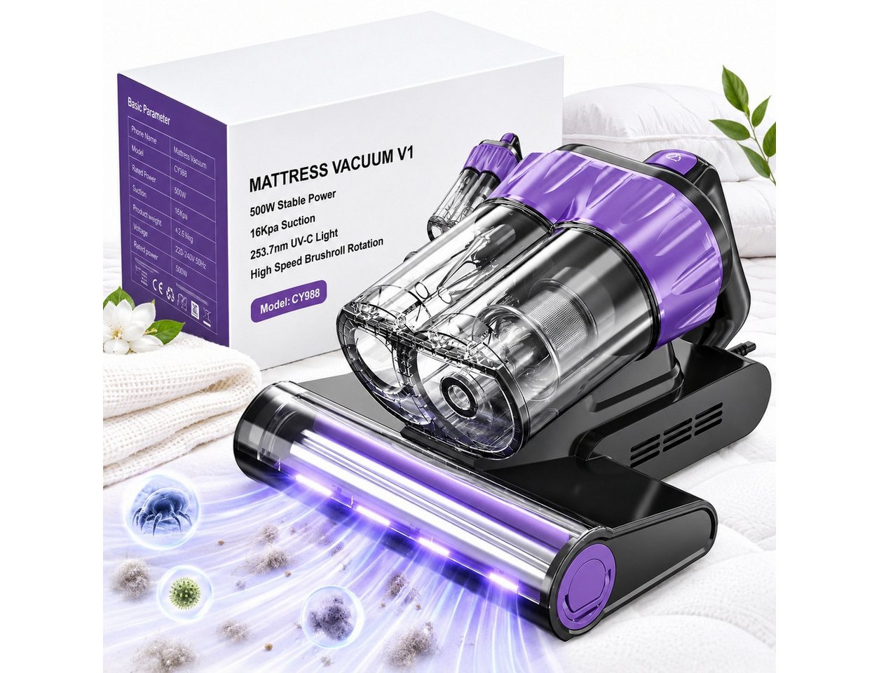 Fofile Matratzenreinigungsgerät Milbenstaubsauger mit UV-C-Licht, Milben-Handstaubsauger, 400 W, mit Beutel, V-Klopfwalze, Haarreduzierung, Ein-Knopf-Entleerung, LED-Anzeige Bild 5