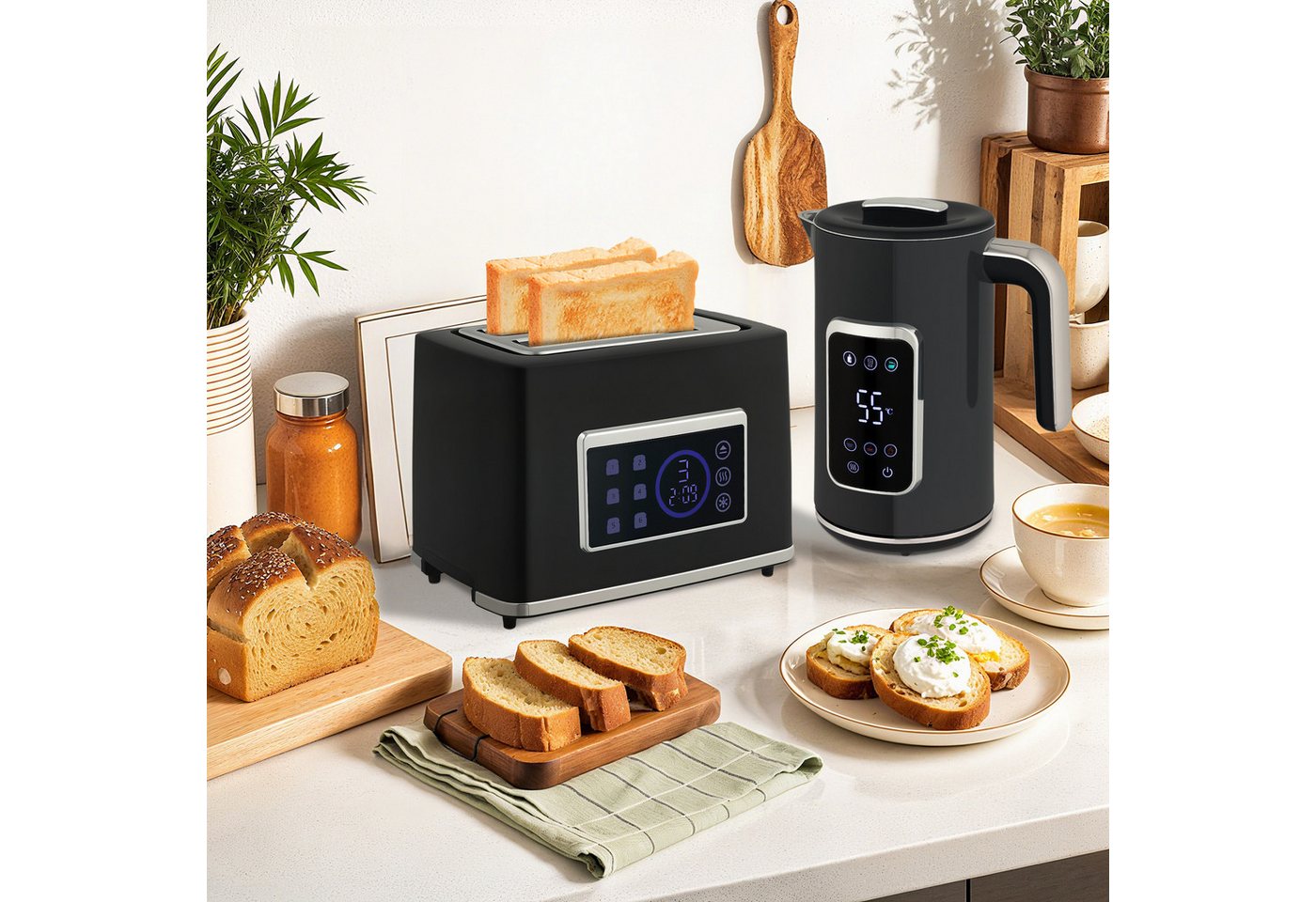 HOMCOM Toaster Wasserkocher 1,7L Edelstahl 2 Scheiben mit 6 Bräunungsstufen, Kocher-Toaster-Set, für Frühstückszubereitung, 2200 W, LED-Touchscreen, Schwarz