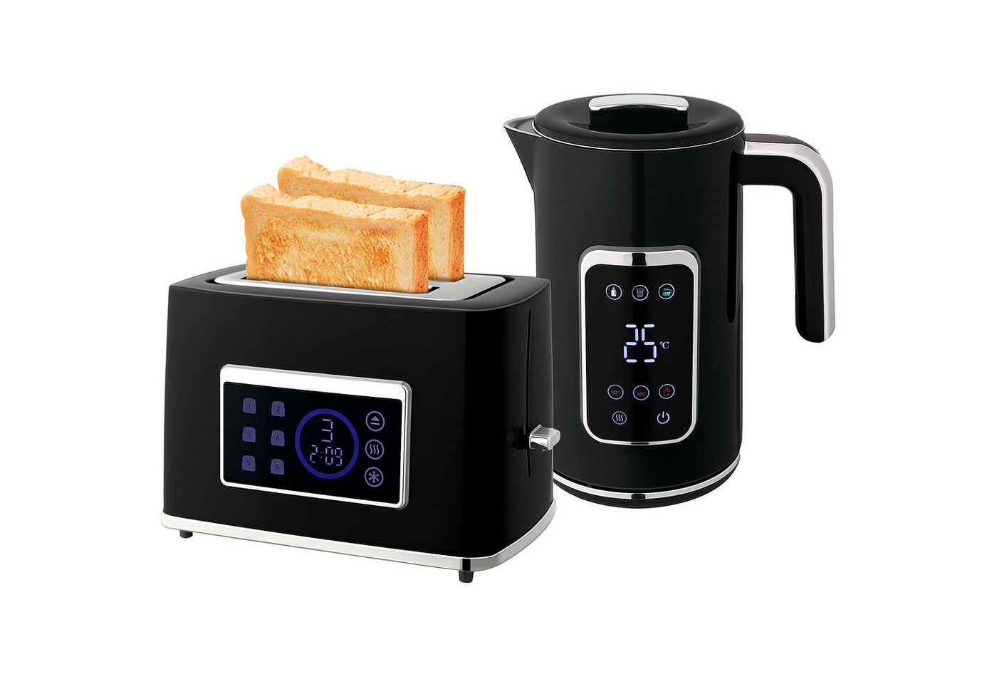 HOMCOM Toaster Wasserkocher 1,7L Edelstahl 2 Scheiben mit 6 Bräunungsstufen, Kocher-Toaster-Set, für Frühstückszubereitung, 2200 W, LED-Touchscreen, Schwarz Bild 2