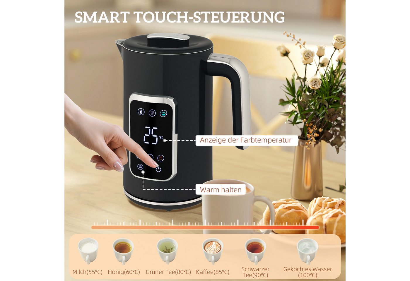 HOMCOM Toaster Wasserkocher 1,7L Edelstahl 2 Scheiben mit 6 Bräunungsstufen, Kocher-Toaster-Set, für Frühstückszubereitung, 2200 W, LED-Touchscreen, Schwarz Bild 3