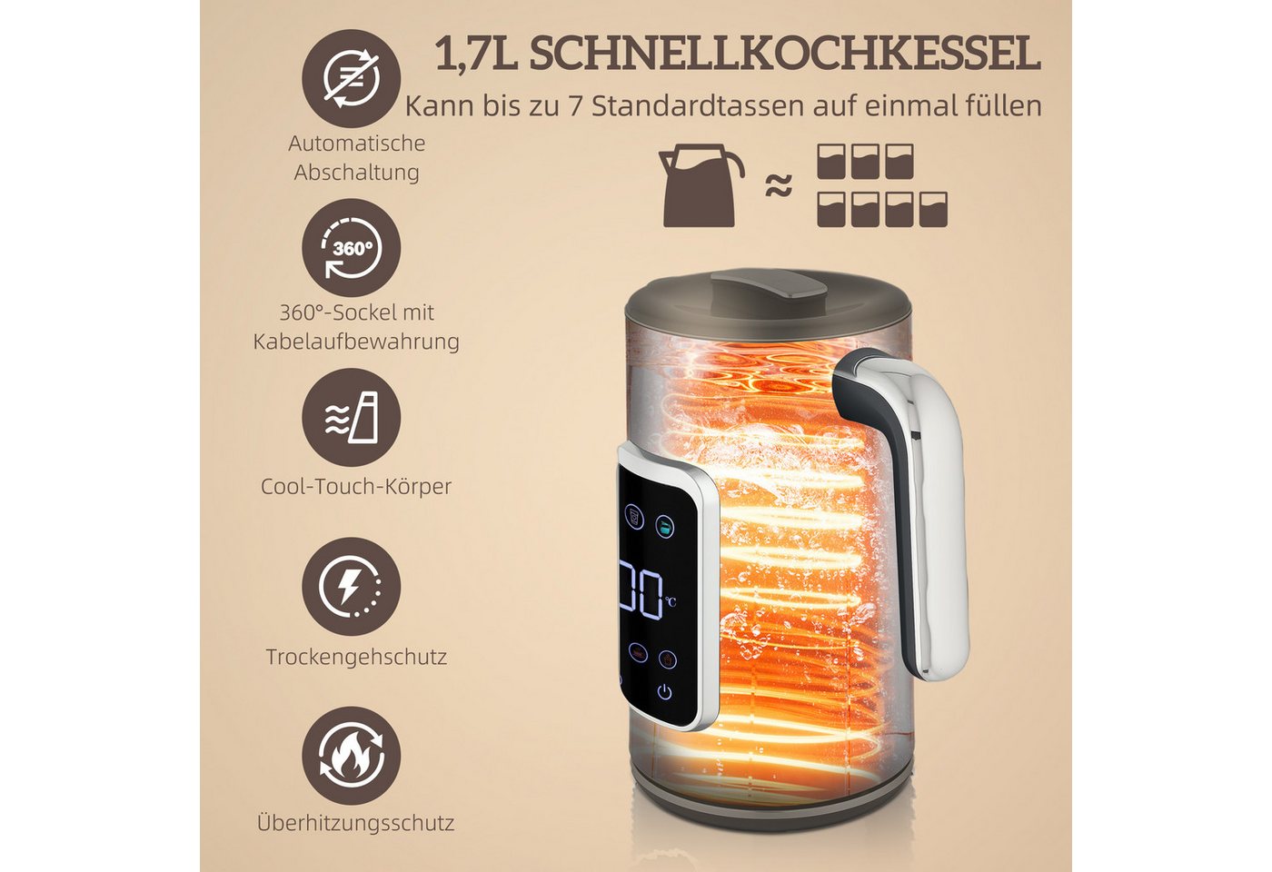 HOMCOM Toaster Wasserkocher 1,7L Edelstahl 2 Scheiben mit 6 Bräunungsstufen, Kocher-Toaster-Set, für Frühstückszubereitung, 2200 W, LED-Touchscreen, Schwarz Bild 4