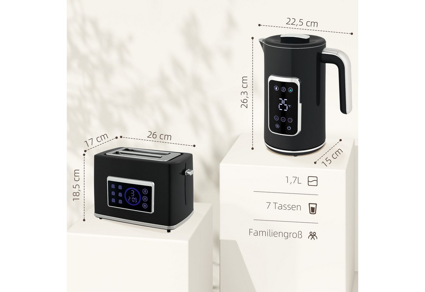 HOMCOM Toaster Wasserkocher 1,7L Edelstahl 2 Scheiben mit 6 Bräunungsstufen, Kocher-Toaster-Set, für Frühstückszubereitung, 2200 W, LED-Touchscreen, Schwarz Bild 5