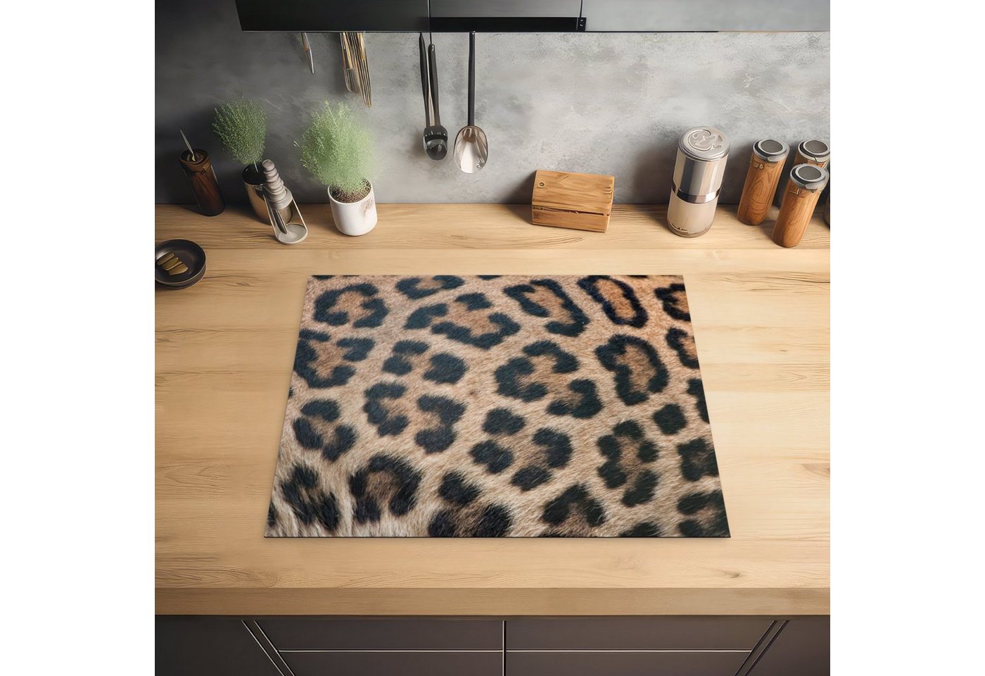 MuchoWow Herd-Abdeckplatte Leopardenmuster, Vinyl, (1 tlg), Abdeckung Induktionskochfeld Schutzmatte, Küche Deko, 65x52 cm