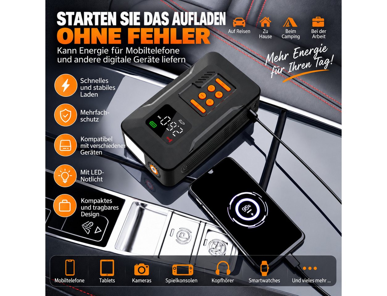 ibettertec Starthilfe Powerbank Auto 18000mAh(12V),4-in-1 Starthilfegerät Autobatterie-Ladegerät (Starthilfe Powerbank mit Luftkompressor) Bild 3