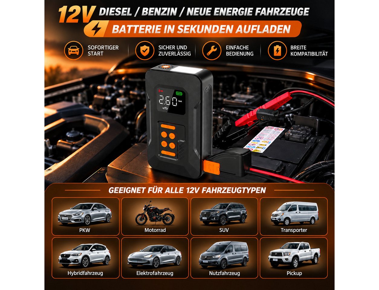 ibettertec Starthilfe Powerbank Auto 18000mAh(12V),4-in-1 Starthilfegerät Autobatterie-Ladegerät (Starthilfe Powerbank mit Luftkompressor) Bild 5