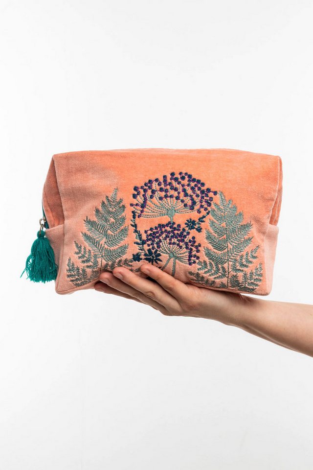 Tranquillo Kosmetiktasche Klein aus Bio-Baumwolle VELVET LEAVES 16x12x7 cm mit Reißverschluss, Samtige Oberfläche mit floraler Stickerei und Quaste