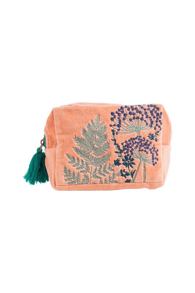 Tranquillo Kosmetiktasche Klein aus Bio-Baumwolle VELVET LEAVES 16x12x7 cm mit Reißverschluss, Samtige Oberfläche mit floraler Stickerei und Quaste Bild 2