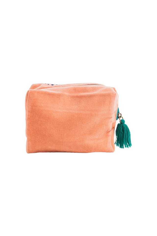Tranquillo Kosmetiktasche Klein aus Bio-Baumwolle VELVET LEAVES 16x12x7 cm mit Reißverschluss, Samtige Oberfläche mit floraler Stickerei und Quaste Bild 3