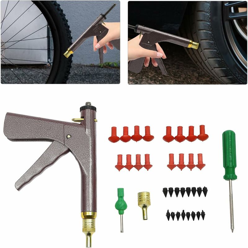 Senderpick – Kit De Réparation De Pneus À Vide Pour Voiture – 16 Bouchons Champignons – Pistolet De Réparation Et Boîte À Outils Inclus – Compatible Motos Et Véhicules Électriques