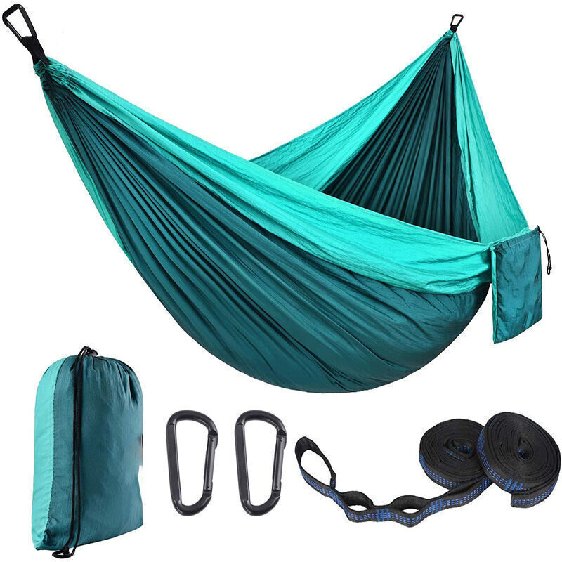 Hamac Extérieur, Hamac De Voyage 300x200cm Pour 2 Personnes, Hamac De Camping En Soie Parachute 300kg Avec 2 Sangles En Nylon + 2 Boucles De Randonnée En Acier Solide (bleu Paon Et Vert Paon)