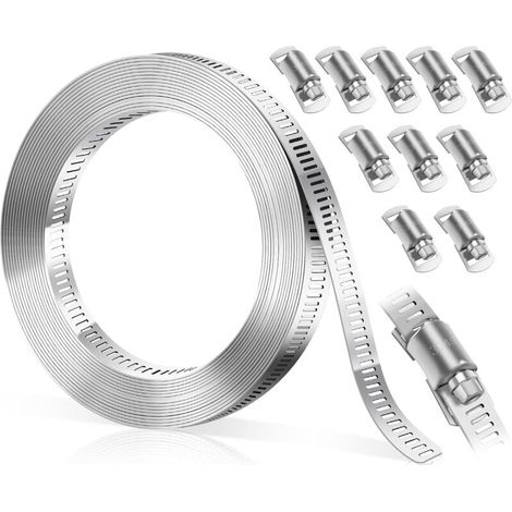 3 Mètres Collier De Serrage Inox Diy, Bolatus Collier De Serrage Métallique Réglables Avec 10 Pièces Attache, Pour Tuyaux, Gaz, Voiture, Jardin Argenté