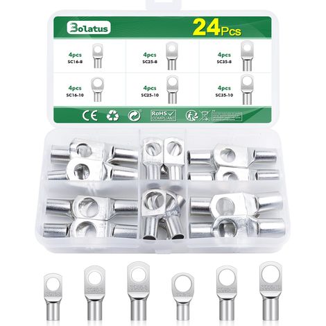 Lot De 24 Cosses Tubulaires - 16 Mm², 25 Mm², 35 Mm² - En Cuivre Étamé - Pour Œillets De Voiture M8 M10