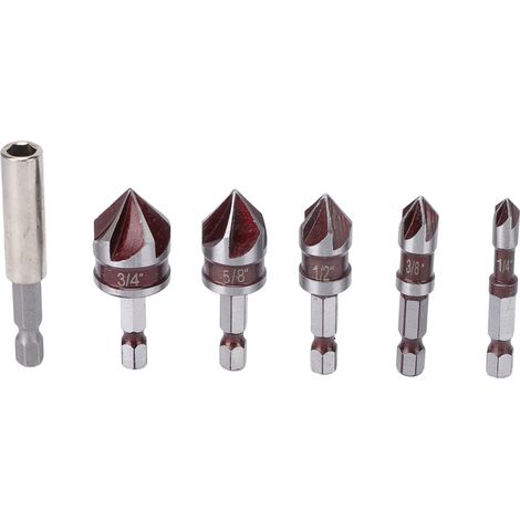 Jeu De 5 Forets À Fraiser (1/4 Po, 3/8 Po, 1/2 Po, 5/8 Po, 3/4 Po), 5 Cannelures, Queue Hexagonale À 85°, M35, Acier Rapide Au Cobalt, Avec Tige De Connexion