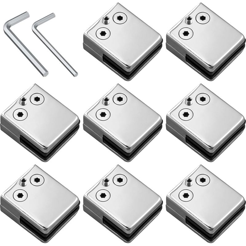 Set Mit 8 Mittelgroßen (8-9 Mm) Edelstahl-glasklemmen – Flache Rückseite, Polierte Oberfläche, Rostfreie Befestigung Mit Klemmschraube Für Geländer, Balustraden, Treppen Und Handläufe.