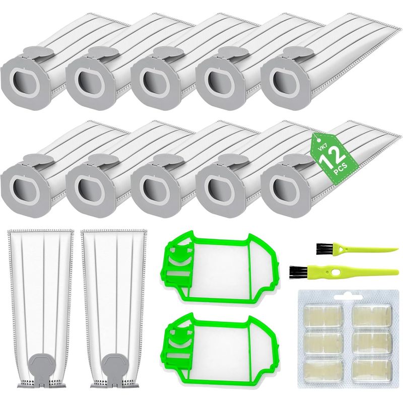 12-teiliges Staubsaugerbeutel-set, Kompatibel Mit Vorwerks Kobold Vk7s, Vk7, Fp7s Und Fp7 – 12 Staubsaugerbeutel + 2 Motorfilter + 2 Bürsten, Ersatzfilterbeutel Für Kobold Vk7 Zubehörbeutel
