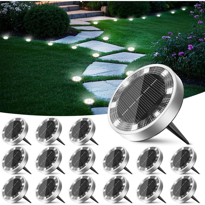 16er-pack Solar-bodenleuchten Für Den Garten, 8 Led-solar-außenleuchten, Wasserdichte Solarstrahler, Solarbeleuchtung Für Terrasse, Einfahrt, Weg, Rasen, Hof, Garten, Kaltweiß [energieklasse]