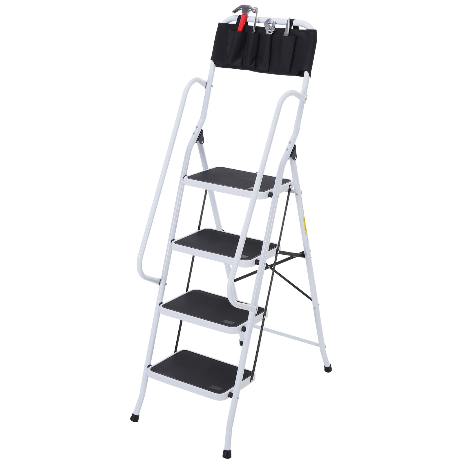 Homcom Klappbare 4-stufige Xl-trittleiter, Rutschfest, Doppelter Handlauf, Max. Höhe 1,55 M, Max. Tragkraft 150 Kg, Integrierte Werkzeugtasche, Stahl, Weiß/schwarz