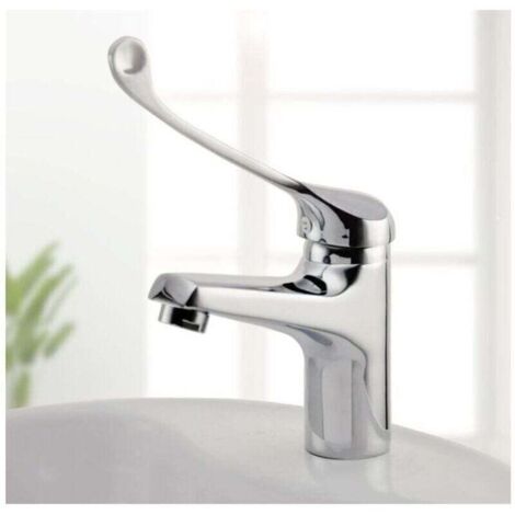 Robinet De Salle De Bain Pmr À Poignée Allongée, Mitigeur Monocommande À Poignée Médicale Chromé Argenté, Poignée Allongée.