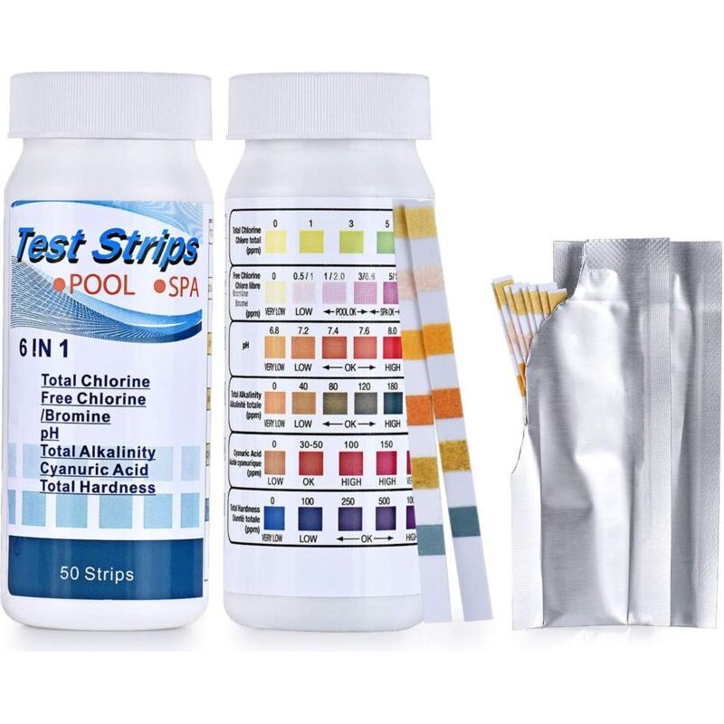 Schwimmbadwasseranalyse, 2er-pack 6-in-1-spa-teststreifen: Chlor/freies Chlor/ph-wert/alkalität/cyanursäure/flüssigkeitshärte, 100 Stück