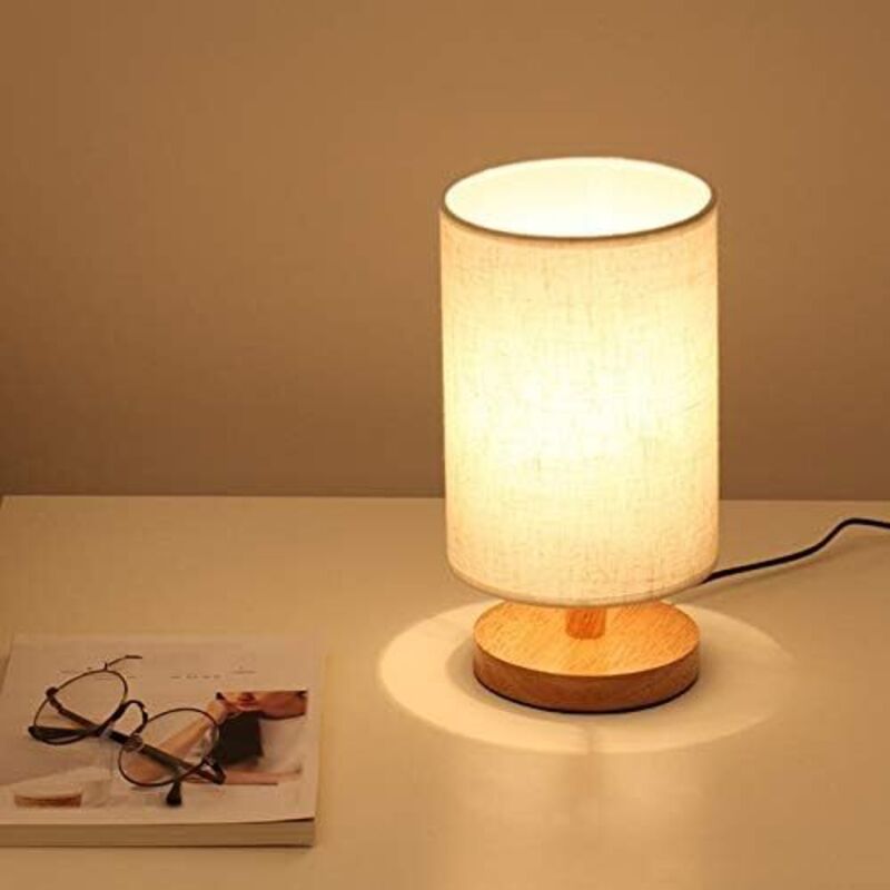 Runde Nachttischlampe Mit Stoff- Und Holzschirm Für Schlafzimmer, Modernes Wohnzimmer, Büro H281