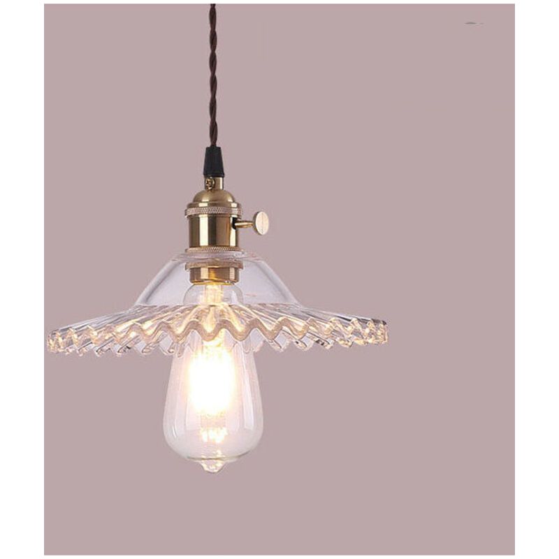 Vintage-industrie-pendelleuchte Aus Glas – Transparenter Lampenschirm Ø 22 Cm – Messinghalterung – Integrierter Schalter – Für Räume Von 10 Bis 15 M²