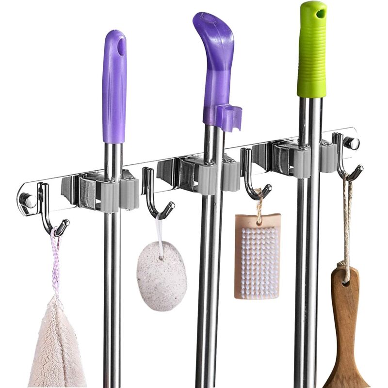 Porte Balai Mural - Accroche Balai En Acier Inoxydable, Support Cintre De Rangement Pour Cuisine, Buanderie, Garage (3 Emplacements Et 4 Crochets,gris )