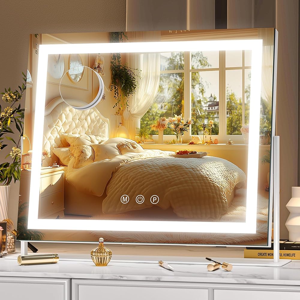 Hasipu Schminkspiegel Mit Licht 35 X 27cm Spiegel Mit Beleuchtung, Led Kosmetikspiegel Mit 10x Vergrößerung, 3 Farbtemperatur Licht, Smart Touch, Quadratisch Weiß
