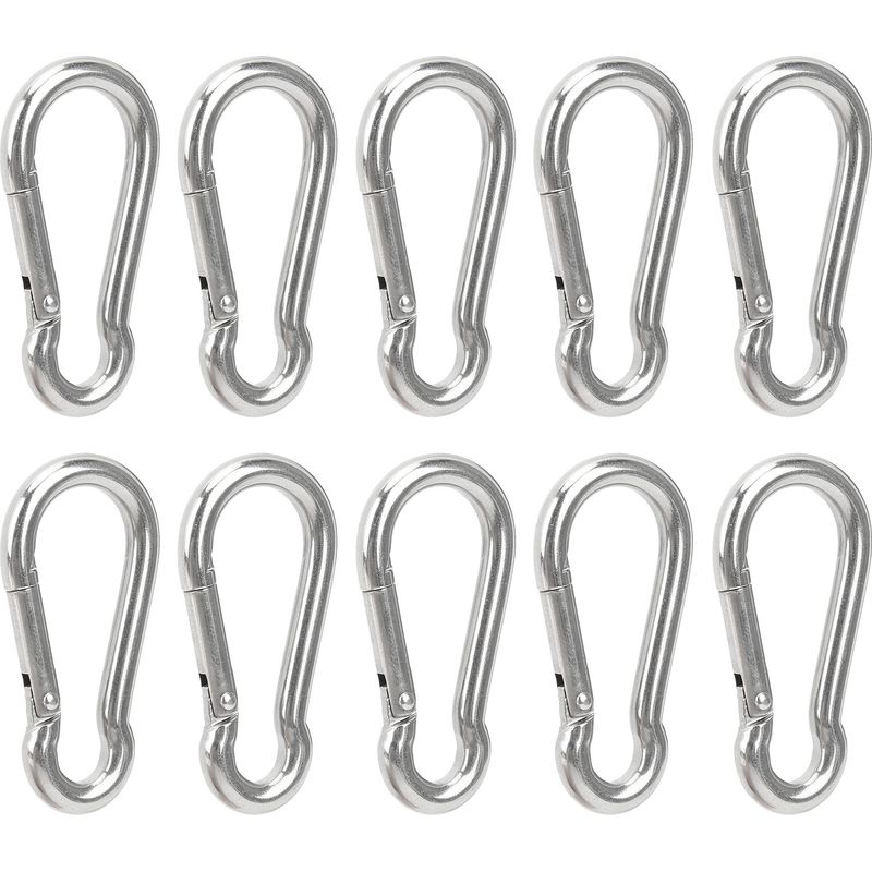 Packung Mit 10 Federbelasteten Karabinerhaken Aus Edelstahl Zur Befestigung Von Sicherheitsseilen Und Aufhängezubehör.