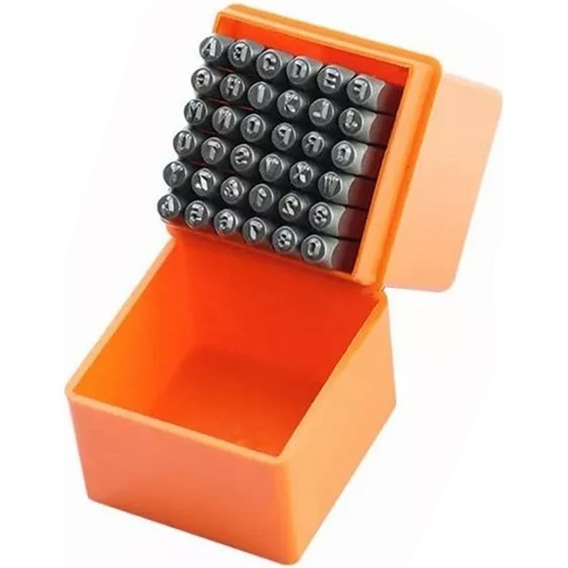 Set Mit 37 Stahlstempeln: 26 Buchstaben, 9 Zahlen, 1 Symbol, 1 Herzform, Tragbar Für Leder Und Metall.
