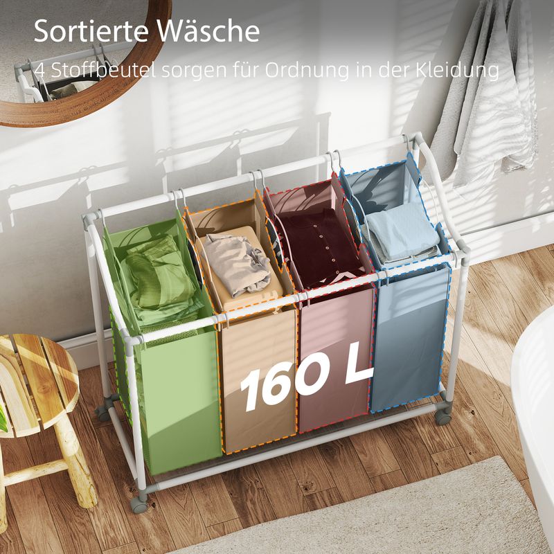 Wäschekorb Mit 4 Fächern, 160 L Fassungsvermögen, Auf Rollen, Mit Herausnehmbarer Tasche, 97 X 38 X 81 Cm, Grau