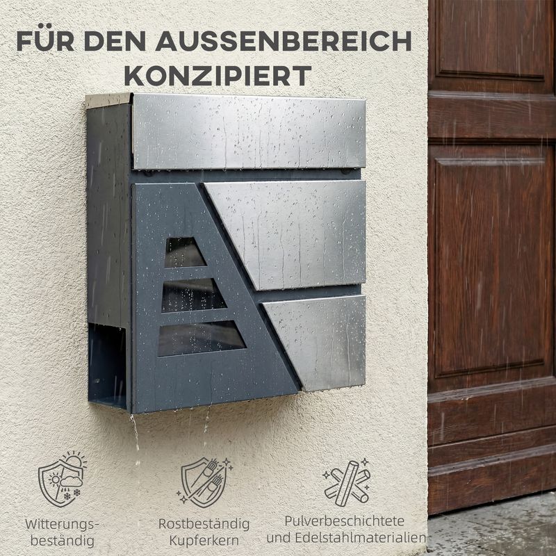 Regensicherer Außenbriefkasten Mit Zeitungsfach Und 2 Schlüsseln, Anthrazitgrau, Zur Wandmontage