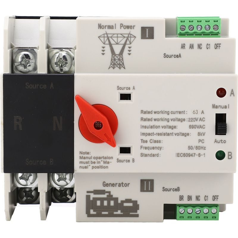 Automatischer Zweiphasiger 2p 63a 220v Ac-umschalter, Flammhemmender Leistungsumschalter Für Stromaggregate