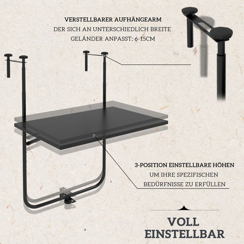 Verstellbarer Und Klappbarer Balkontisch Für Geländer Mit Einer Stärke Von 6 Bis 15 Cm, Aus Schwarzem, Rostbeständigem Metall, Maße 62 X 60 X 85,5 Cm