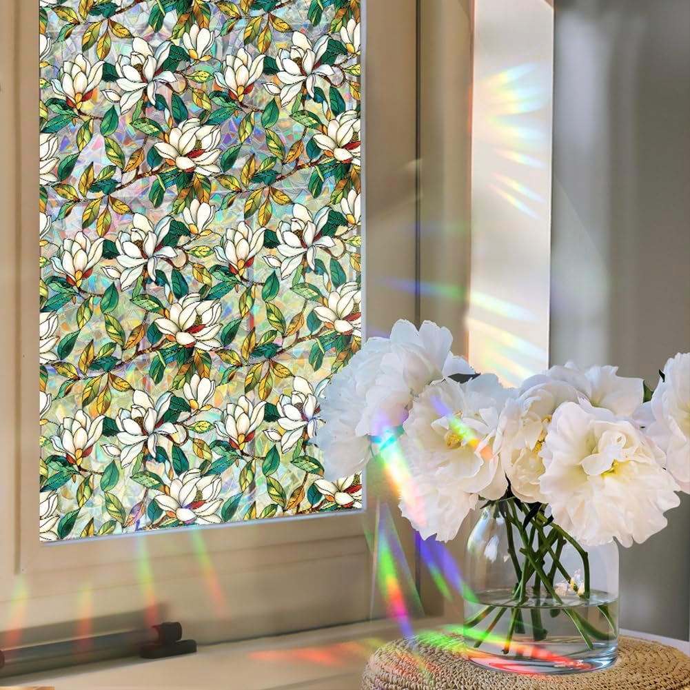 Ccykxa Retro-fensterfolie Mit Blumenmuster Für Mehr Privatsphäre – Buntglas – Weiße Magnolie – Sichtschutz – Regenbogenaufkleber Blockieren Sonnenlicht – Abnehmbar