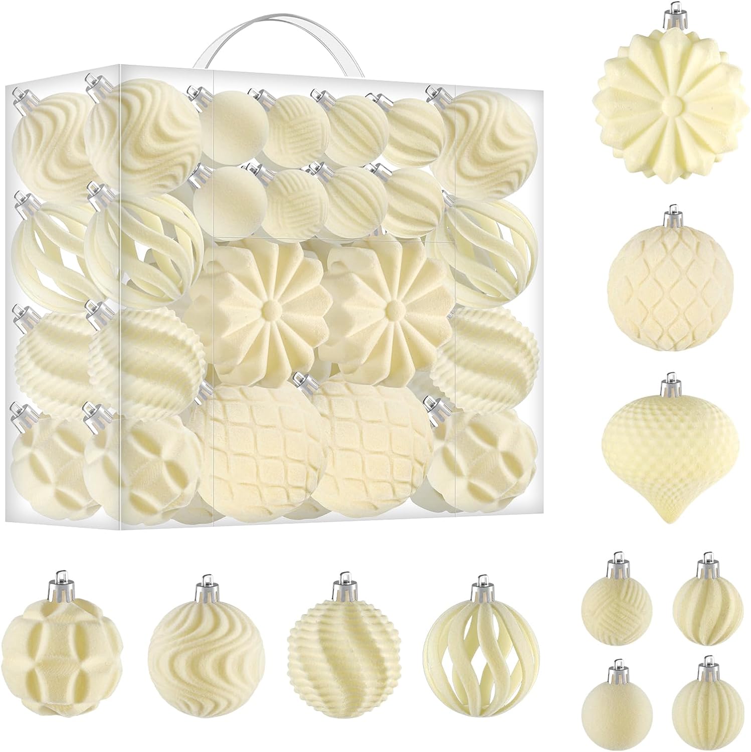 Ccykxa 48 Beigefarbene Samt-weihnachtskugeln, Bruchsichere, Beflockte Weihnachtskugeln Für Den Weihnachtsbaumschmuck, 8 Cm, 6 Cm Und 4 Cm