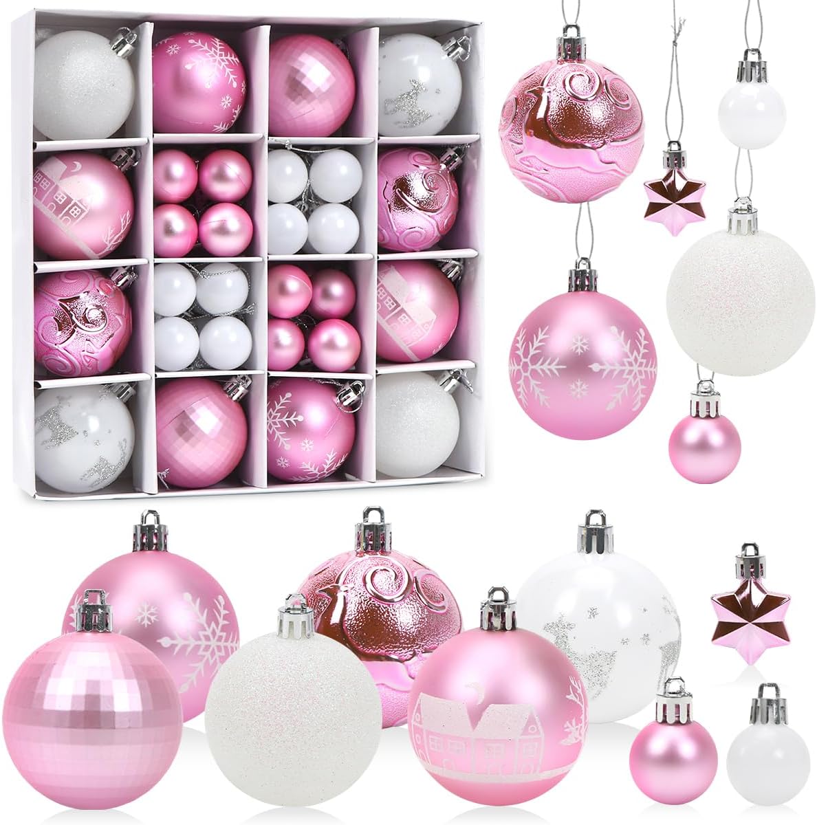 Ccykxa 44-teiliges Set Weihnachtskugeln, Rosa Und Weiße Weihnachtskugeln, Christbaumschmuck Aus Kunststoff, Christbaumkugeln Und Sterne, Hängende Ornamente