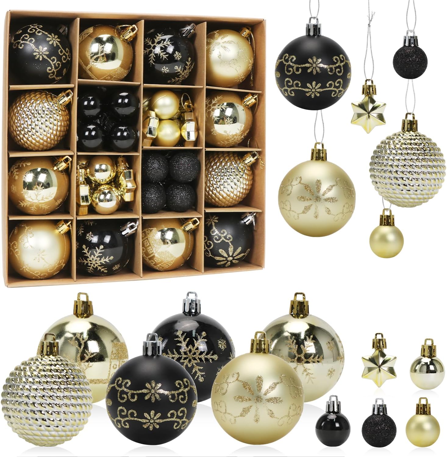 Ccykxa 44-teiliges Set Weihnachtskugeln, Schwarze Und Goldene Weihnachtskugeln, Christbaumschmuck Aus Kunststoff, Christbaumkugeln Und Sterne, Hängende Ornamente Für